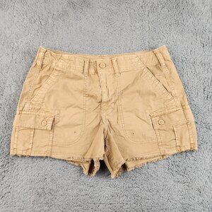 American Eagle Midi Shorts Womens 6 Khaki Tan Stretch Twill Raw Hem Boyfriend